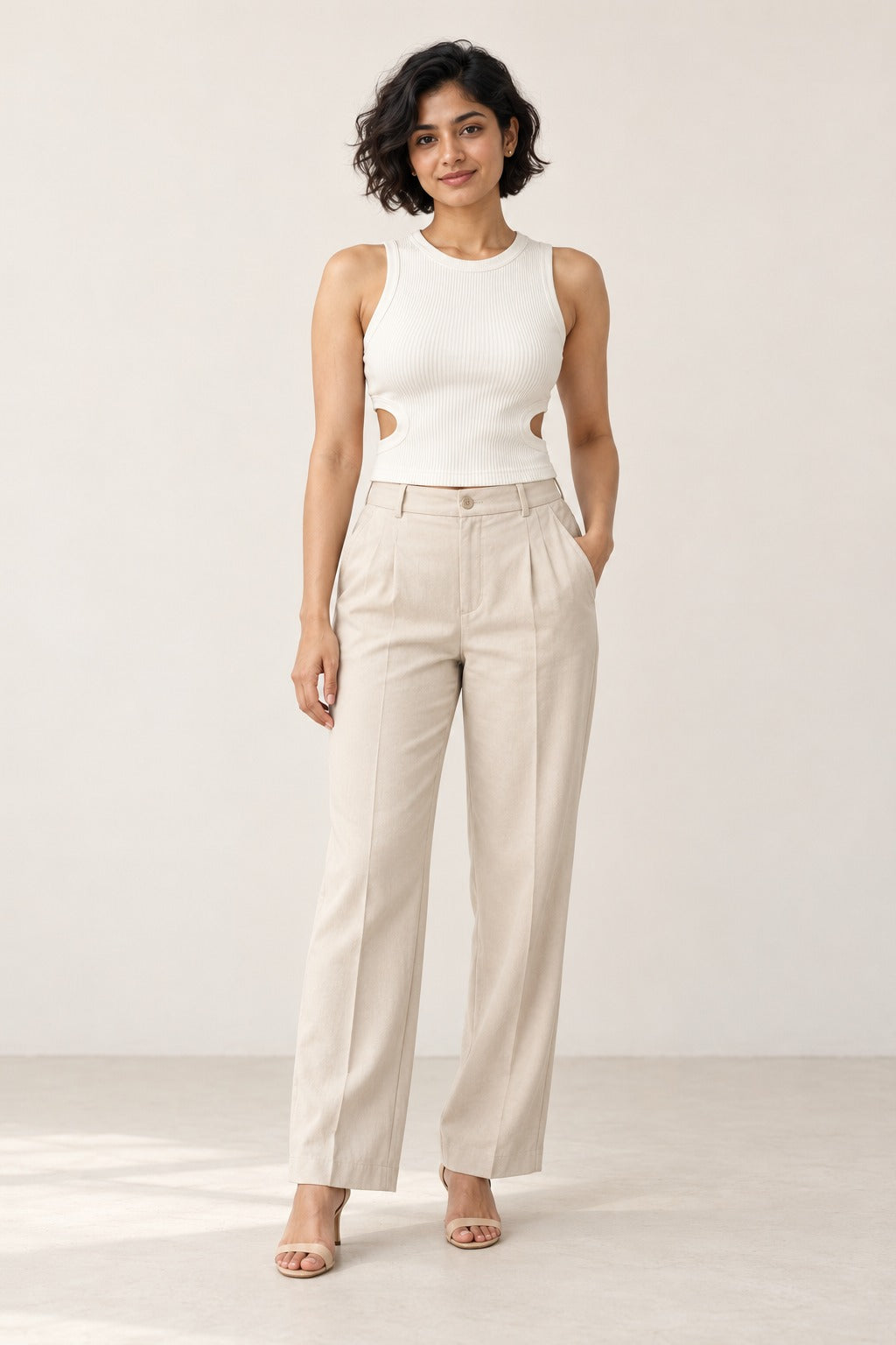 Side Cut Out Rib Tank Top in Coconut Milk – on model