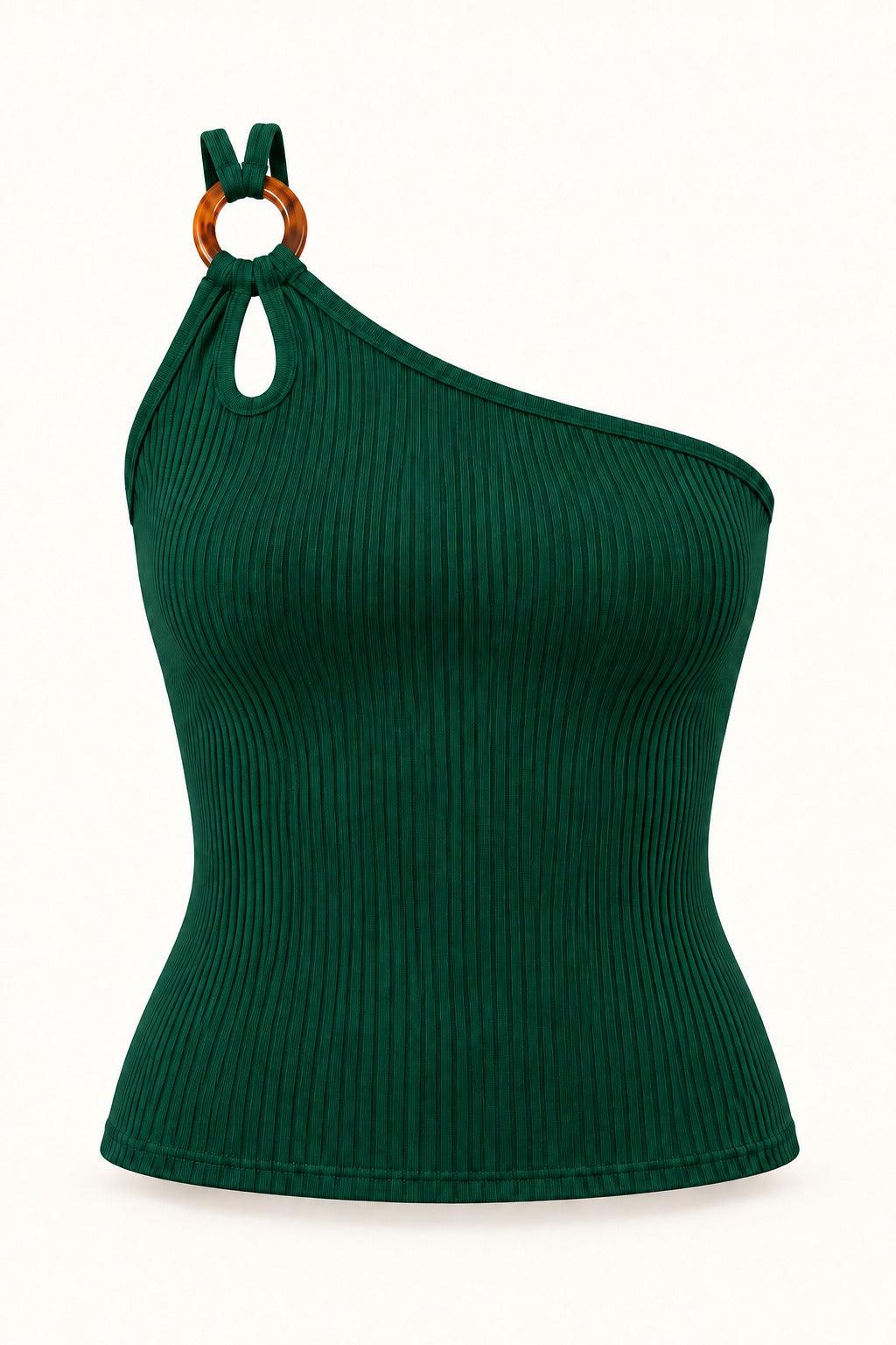 Ring Strap One Shoulder Rib Top in Emerald – product view