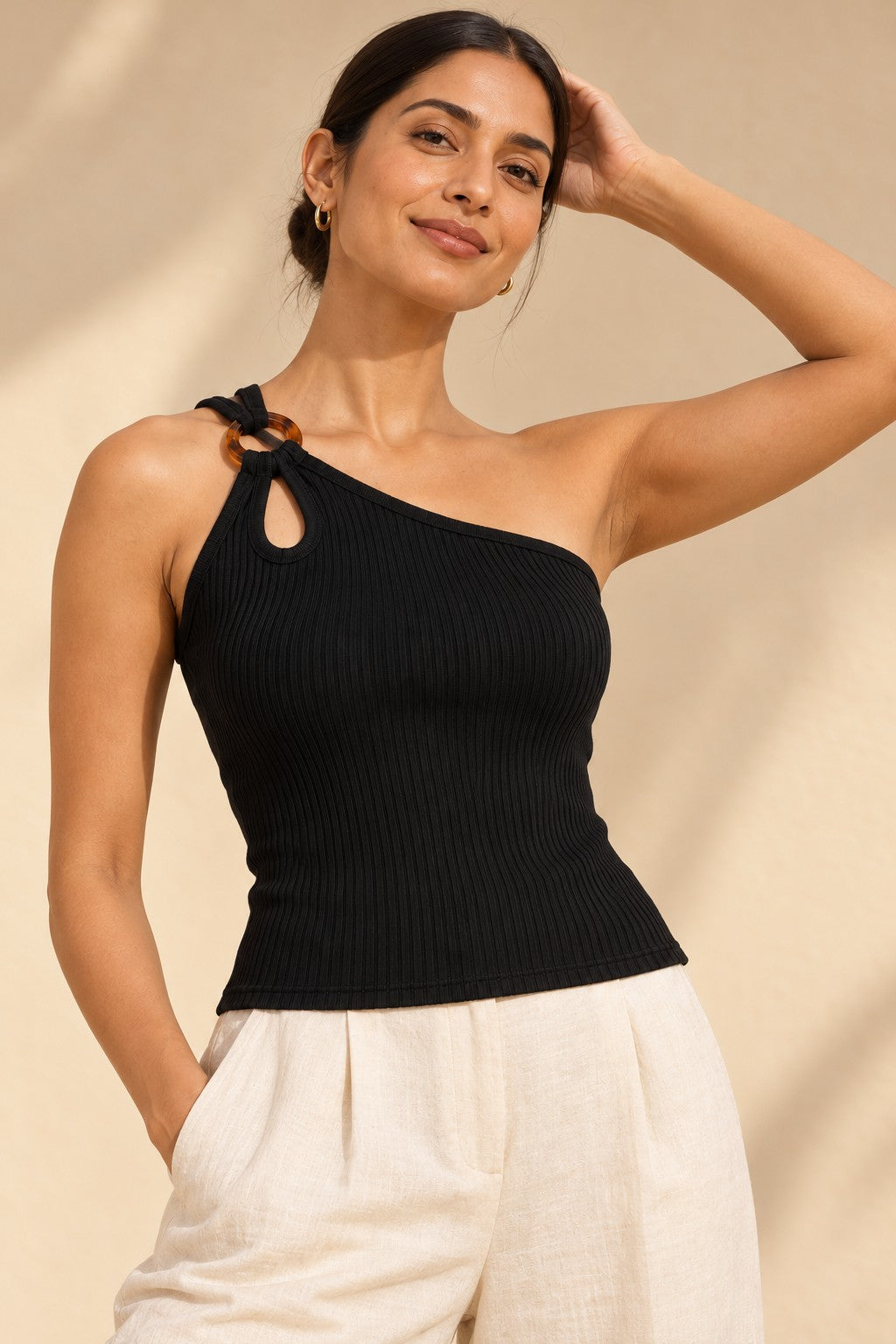 Ring Strap One Shoulder Rib Top in Jet Black – close-up