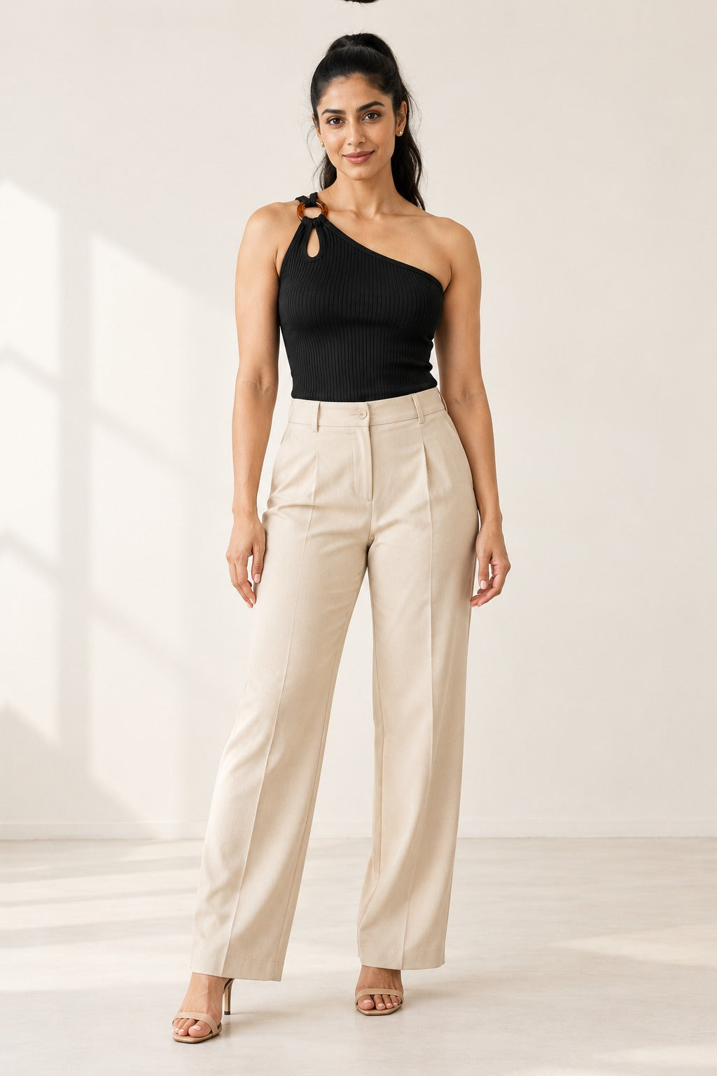 Ring Strap One Shoulder Rib Top in Jet Black – on model