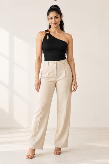 Ring Strap One Shoulder Rib Top in Jet Black – on model
