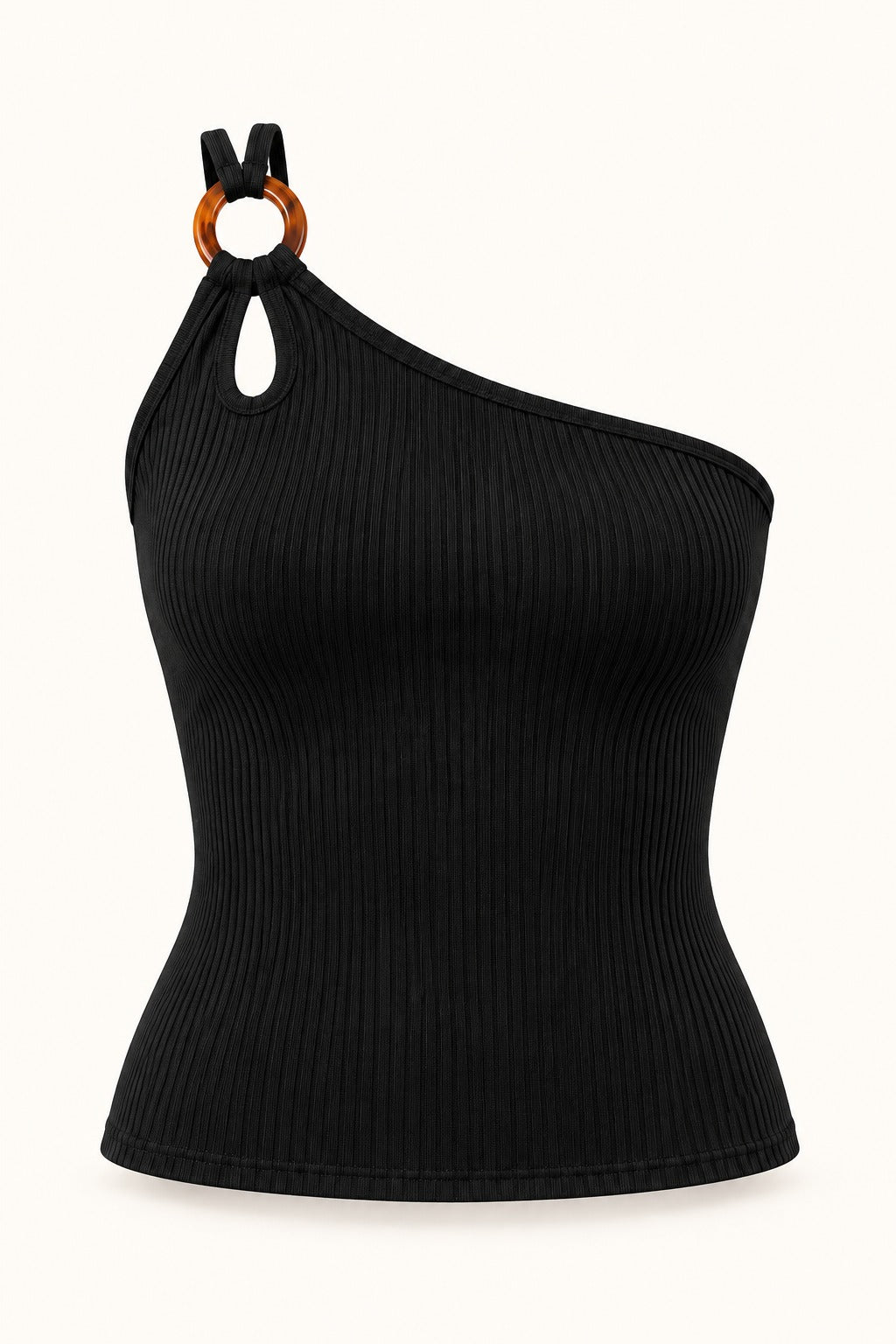 Ring Strap One Shoulder Rib Top in Jet Black – product view