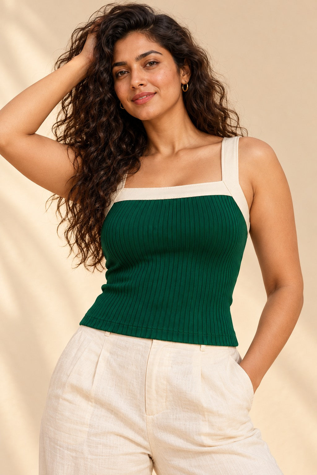 Contrast Binding Square Neck Rib Top in Emerald – close-up