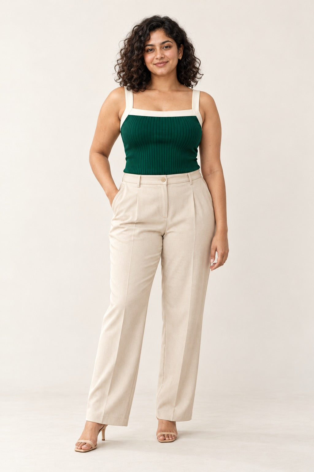 Contrast Binding Square Neck Rib Top in Emerald – on model