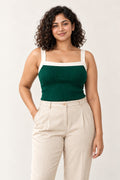 Contrast Binding Square Neck Rib Top in Emerald – close-up