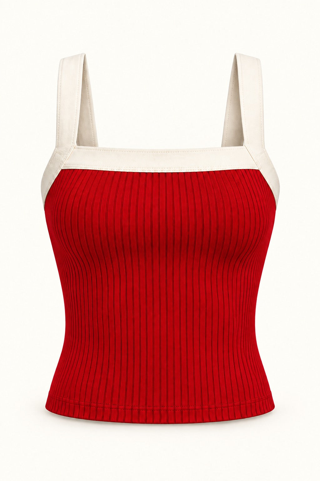 Contrast Binding Square Neck Rib Top in Fiery Red – product view
