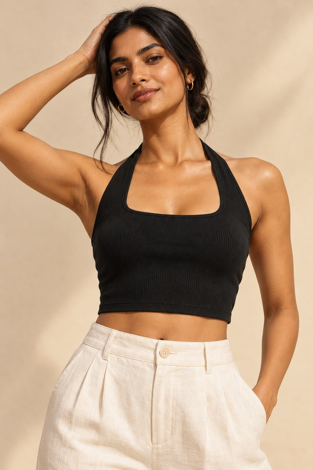 Halter Neck Square Crop Top in Jet Black – close-up