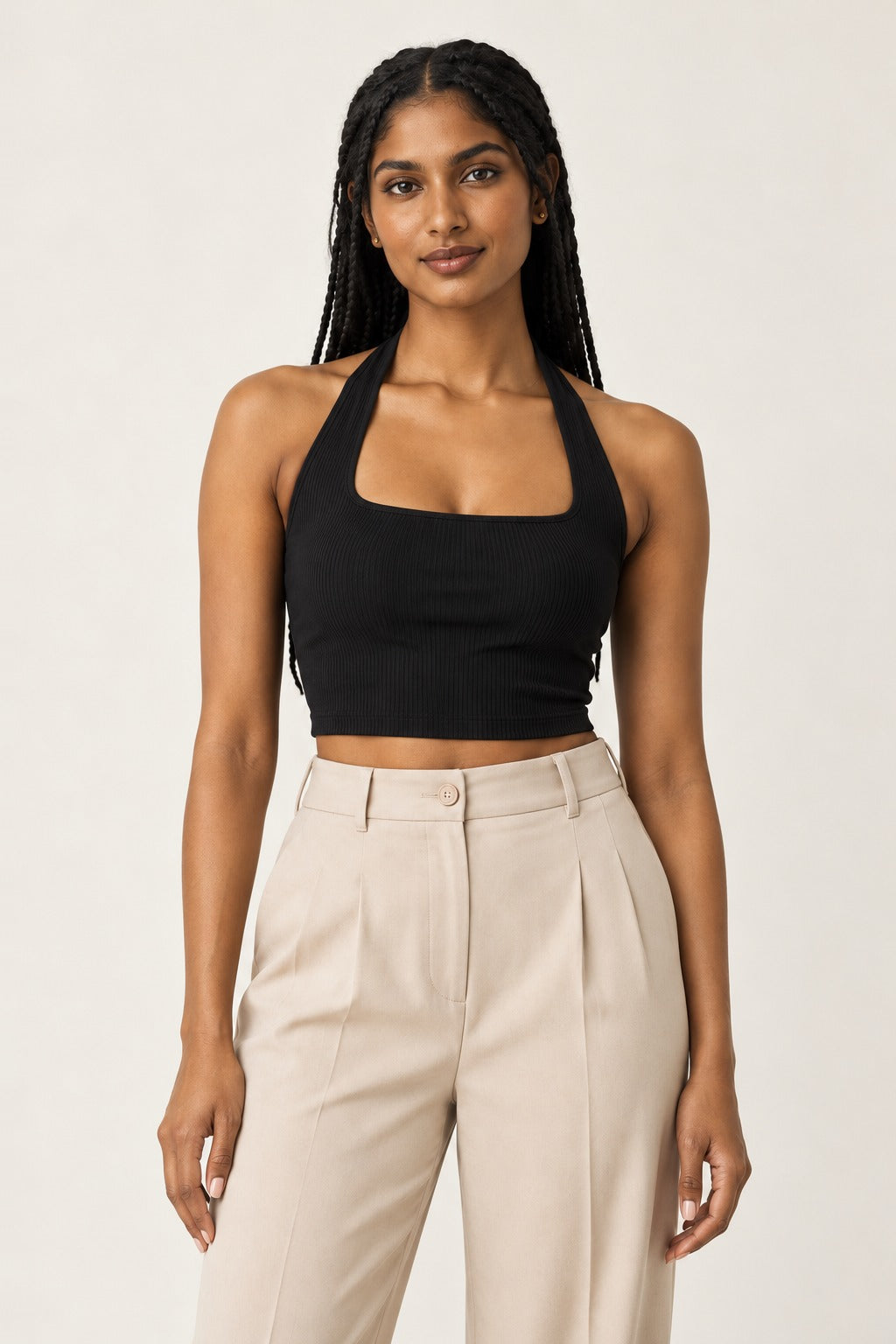 Halter Neck Square Crop Top in Jet Black – close-up