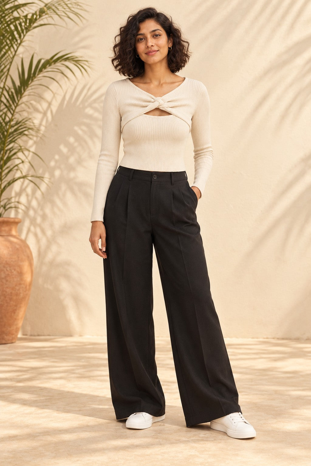 Twist Front Keyhole Rib Top in Coconut Milk – full length