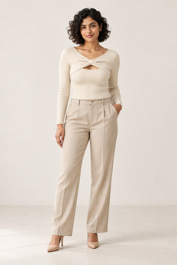 Twist Front Keyhole Rib Top in Coconut Milk – on model