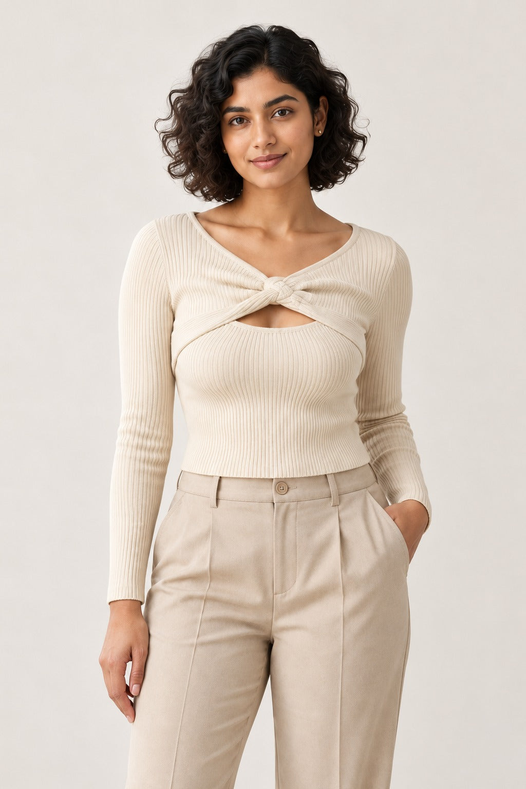 Twist Front Keyhole Rib Top in Coconut Milk – close-up