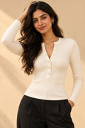 Rib Henley Button Long Sleeve Top in Coconut Milk – close-up