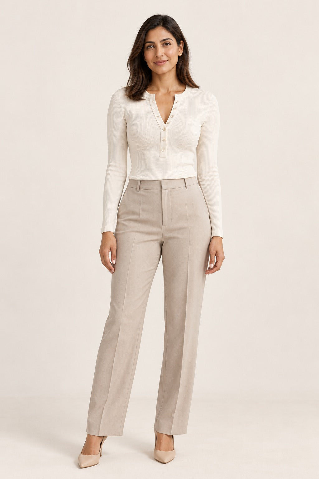 Rib Henley Button Long Sleeve Top in Coconut Milk – on model