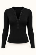 Rib Henley Button Long Sleeve Top in Jet Black – product view