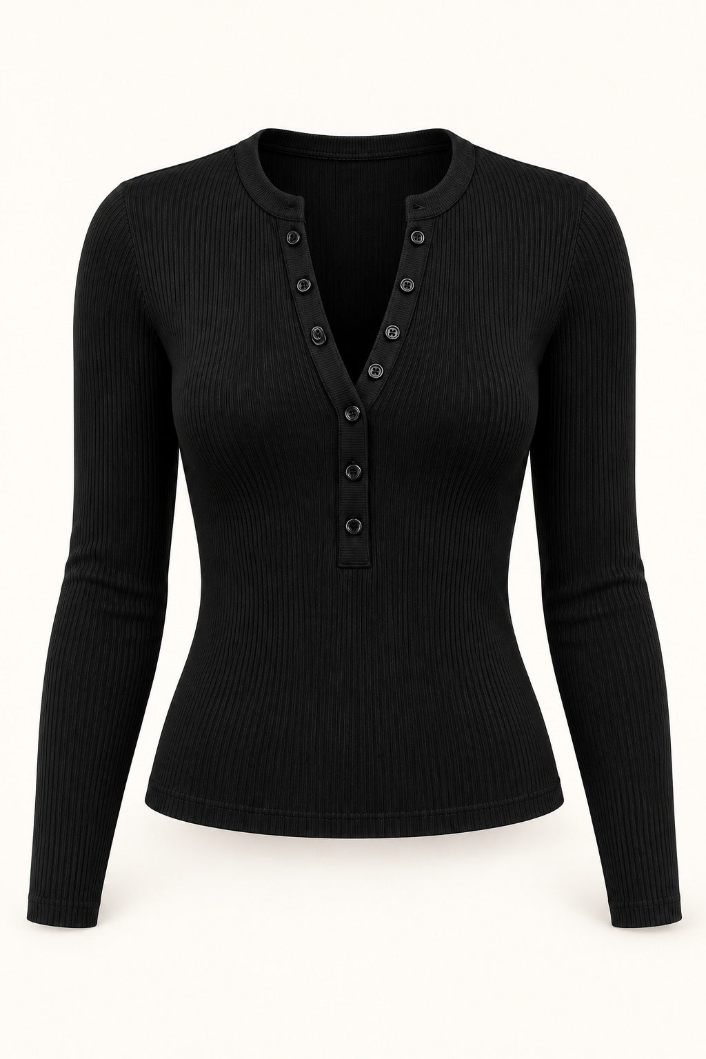 Rib Henley Button Long Sleeve Top in Jet Black – product view