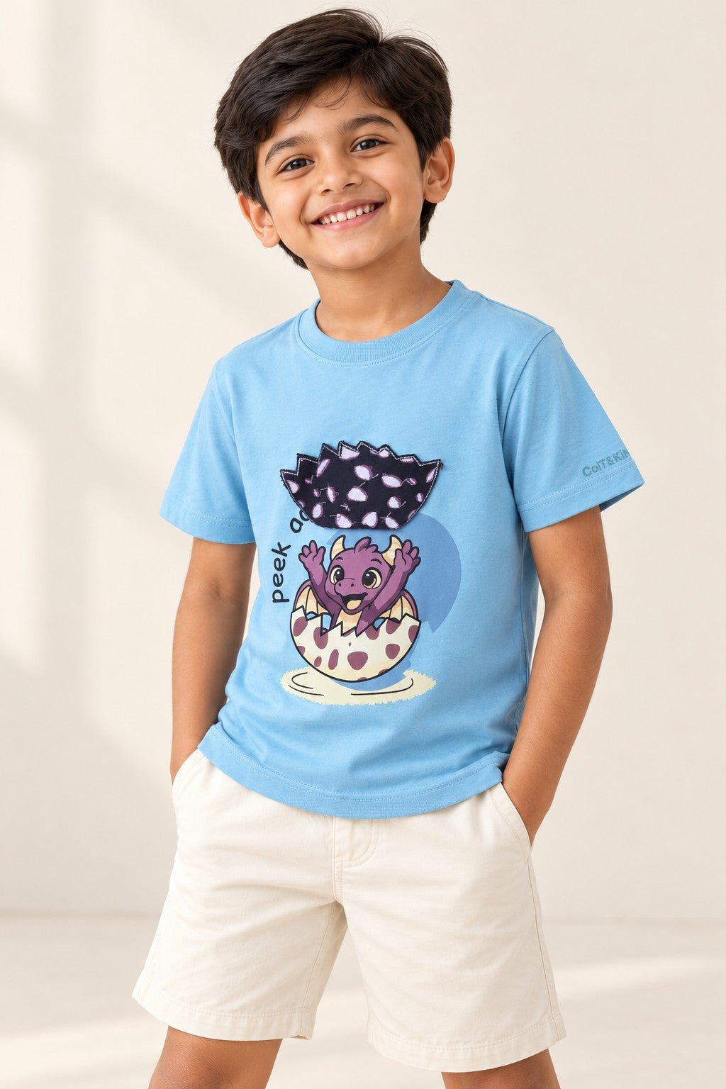 ColT & KiN Peek-a-Boo Dino Tee for kids – on model, close-up