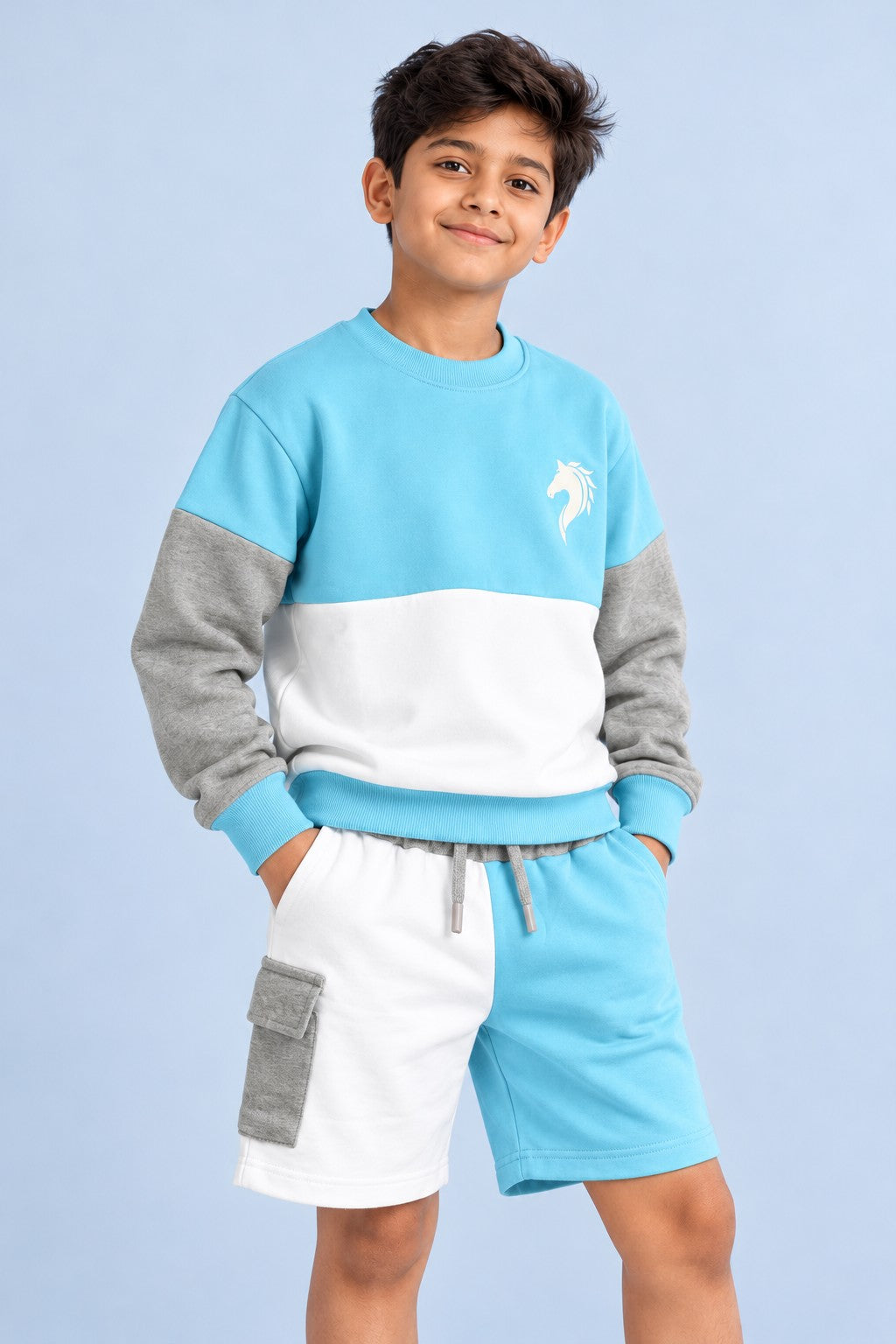 ColT & KiN Skyline Breeze Co-ord Set for kids – on model, close-up